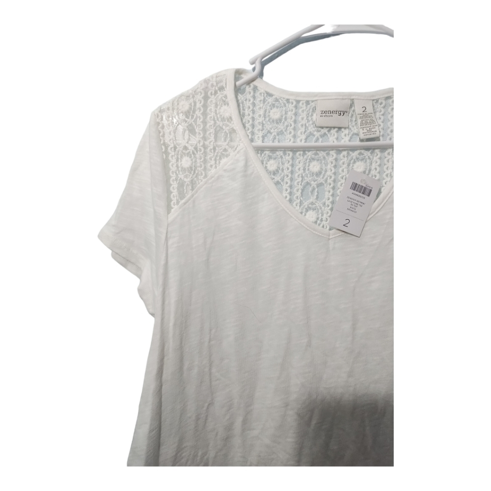 Chicos Zenergy Retreat V Neck Lace Yoke Tee Top Blouse White Size 2 or US Lg - Picture 4 of 6